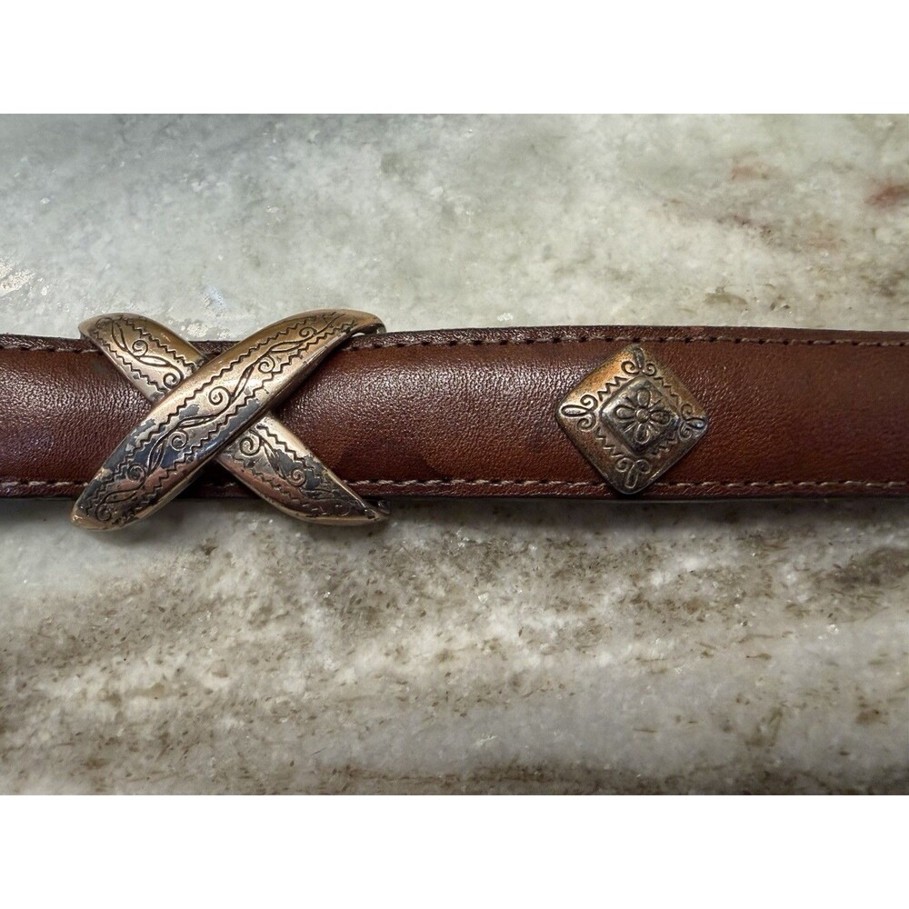 1990s Brighton Womens S Brown Leather Belt Silver XS And Diamond Concho Western - Picture 6 of 15